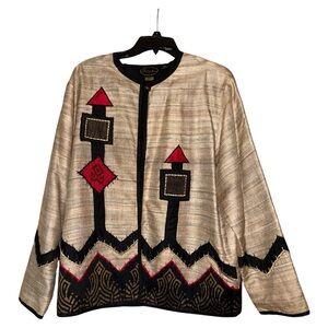 Alex Kim Vintage Silk Embroidered Jacket Blazer‎ Wearable Art Women’s Large Tan